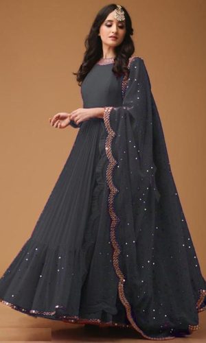 Mirror Work Embroidered Georgette Charcoal Grey Anarkali Suit